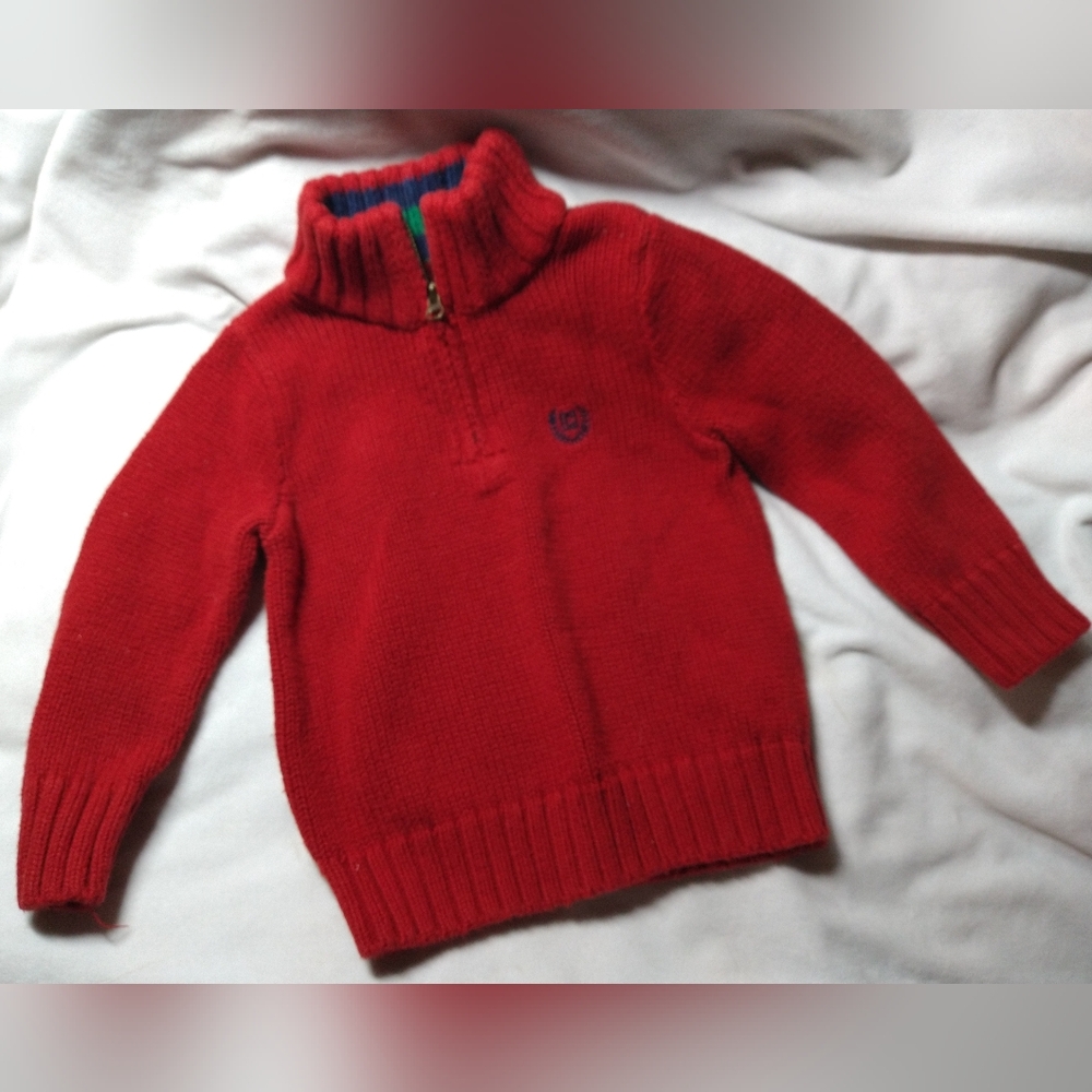 Chaps Red Sweater with Green and Blue Striped Collar